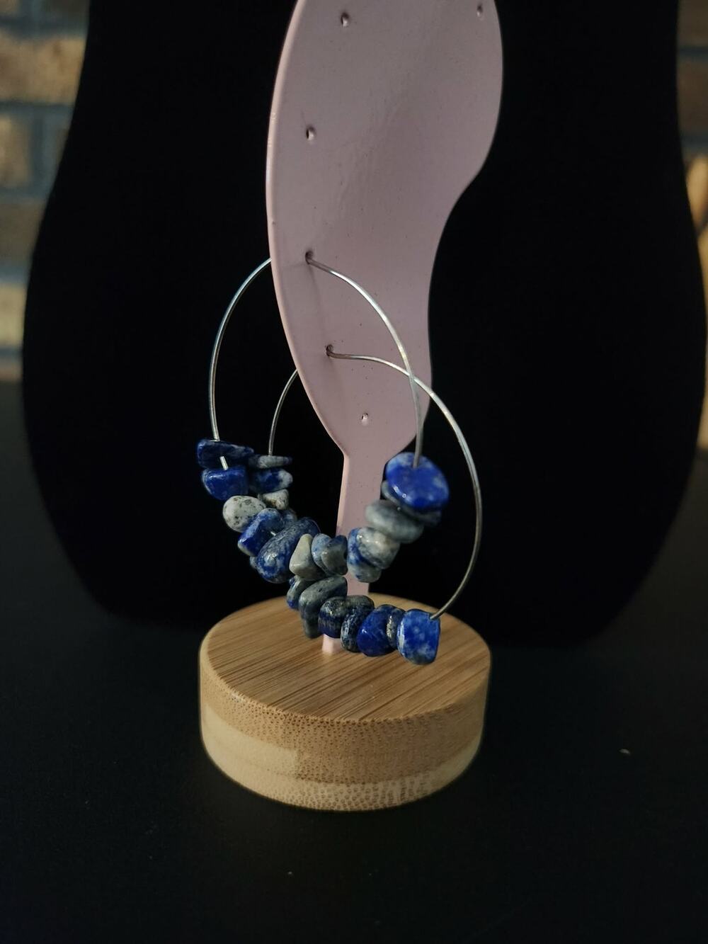 Blue Gray Hoop Earrings Tumbled Chip Style Gemstones on Silver Tone Hoops